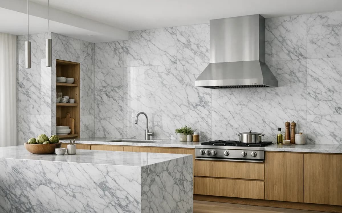 Carrara marble in a residential interior (Kitchen · Walls)