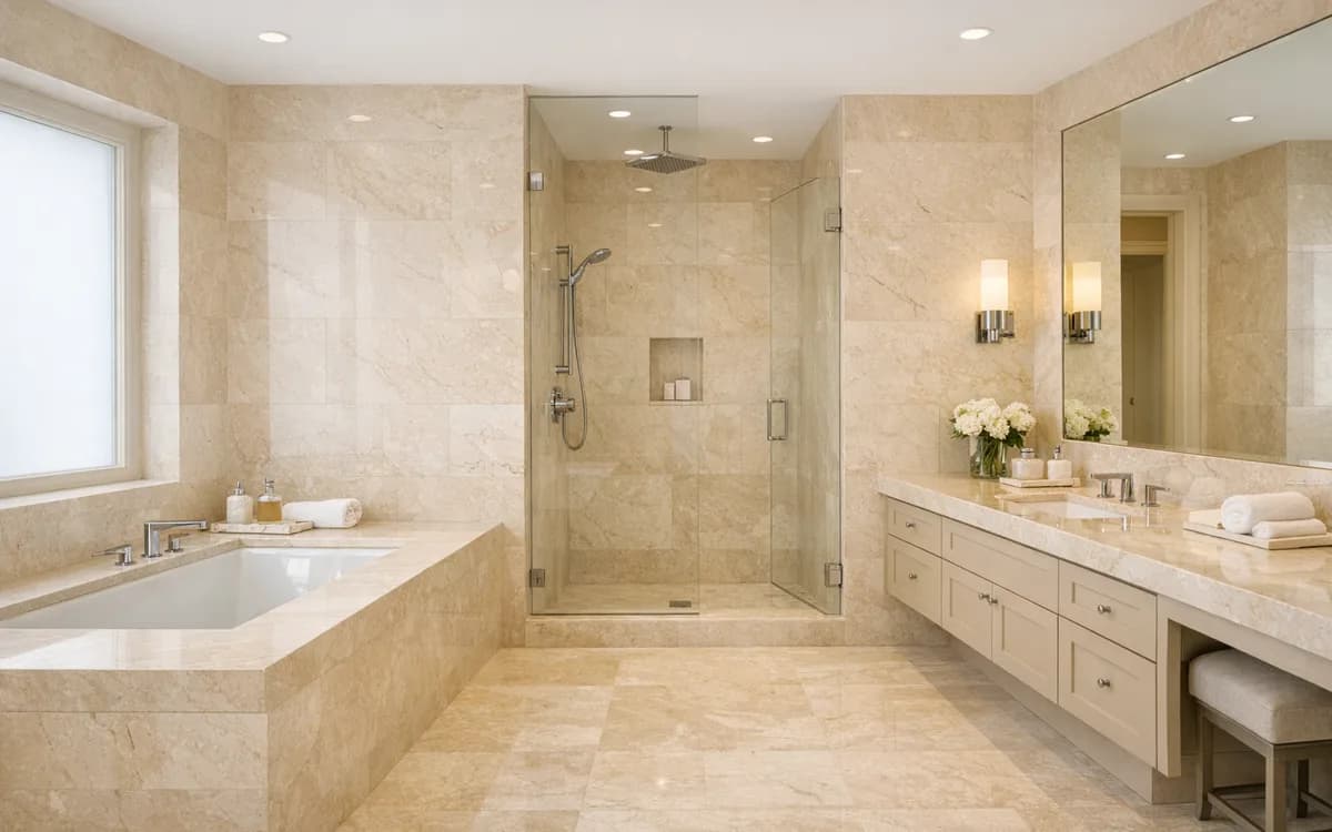 Crema Marfil marble in a residential interior (Bathroom · Light)