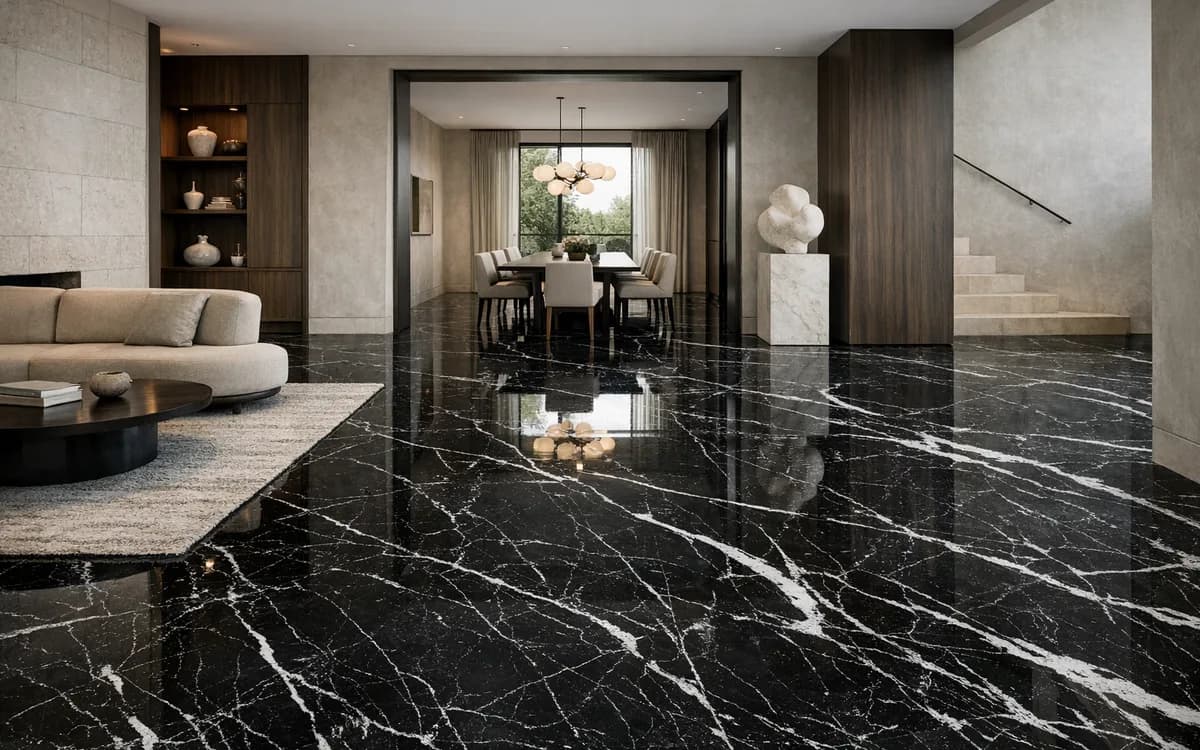 Nero Marquina marble in a residential interior (Floor · Contrast)